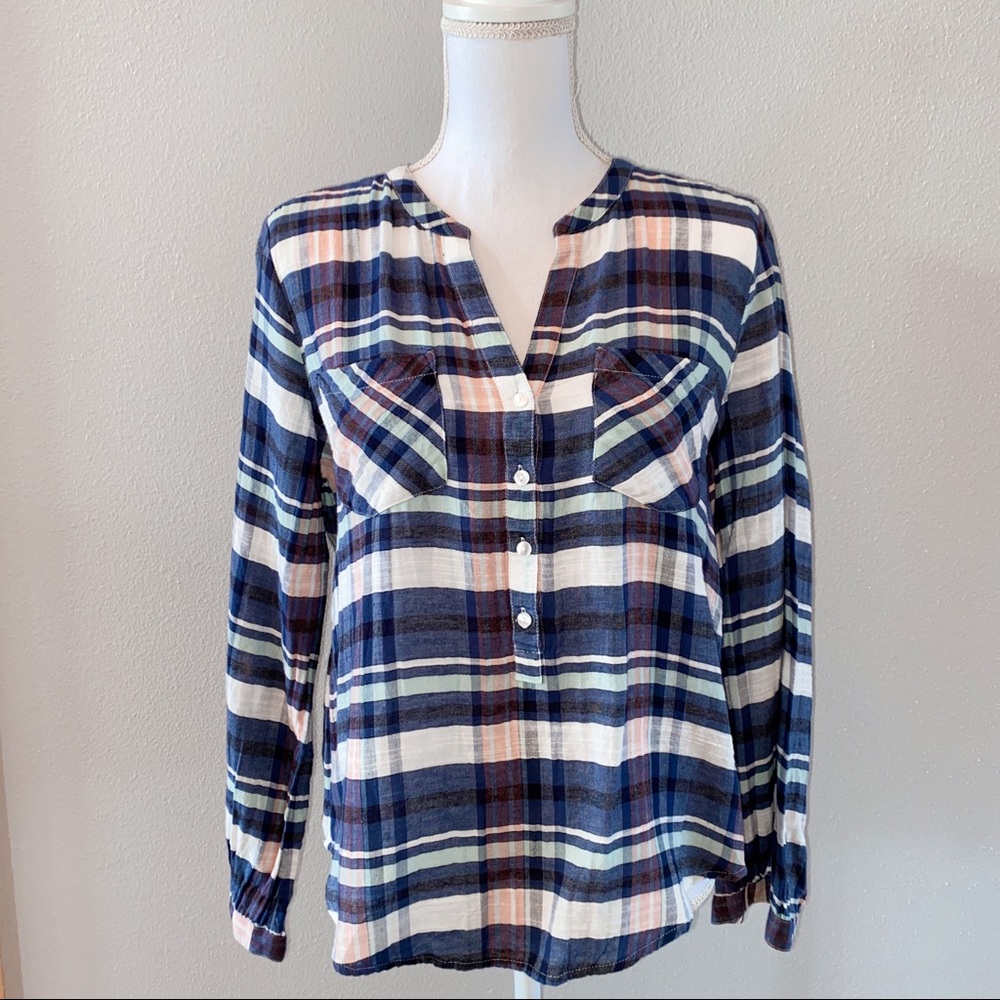 Lucky Brand V-Neck Plaid Blouse